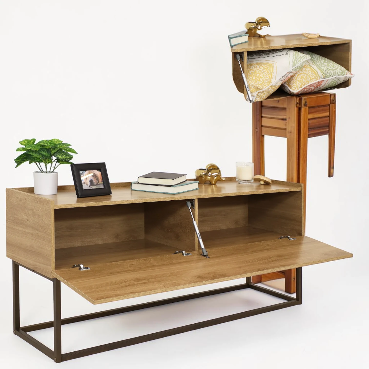 Homegardenorganizer Industrial Console Table, Brown Particleboard with Steel Legs, 54.75 in